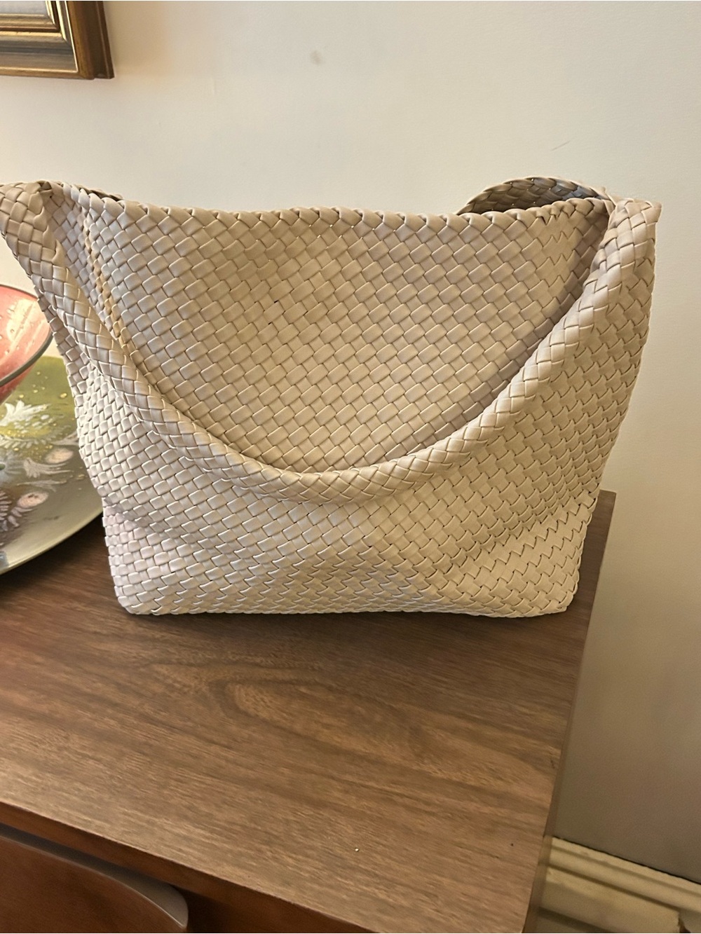 PU Cream Faux Leather Woven Hobo Bag